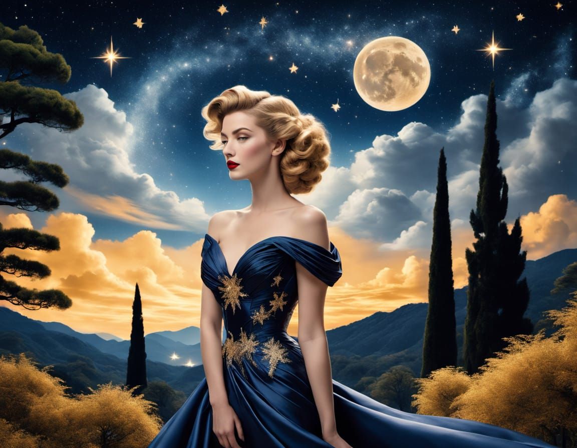 Glamorous 1940s Teenage Model in Starry Night Gown
