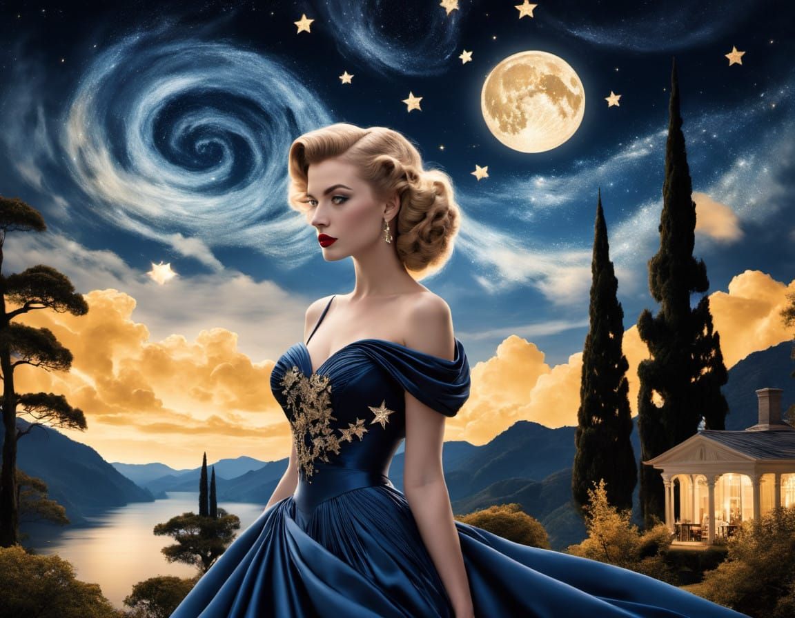 Elegant 1940s Model in Starry Starry Night-Inspired Haute Co...