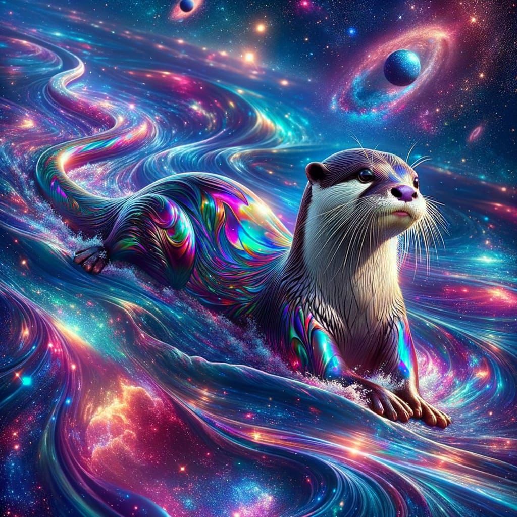 Iridescent Otter Swimming in Cosmic River