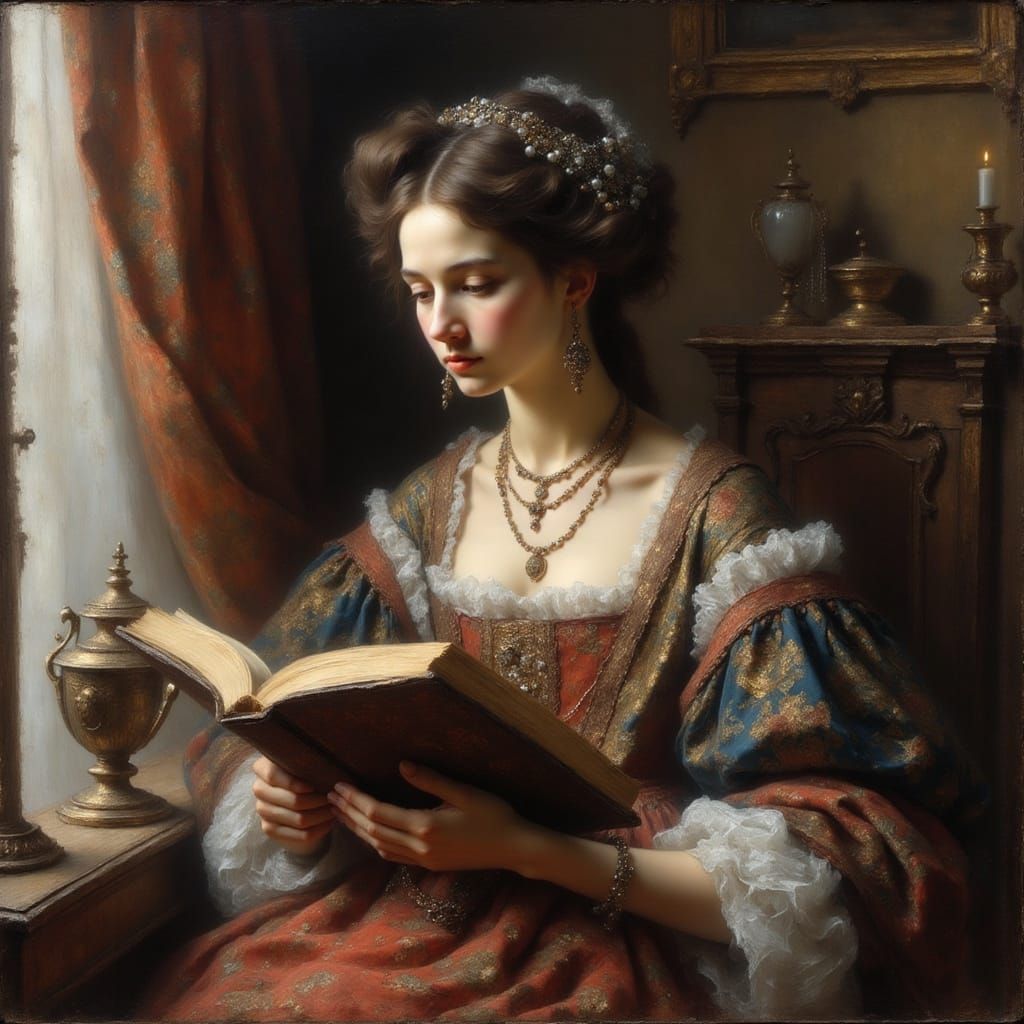 Woman Reading Book in Rembrandt Style