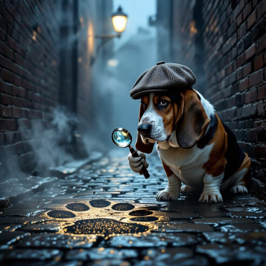 Basset Hound Detective in Foggy Alleyway Noir Style