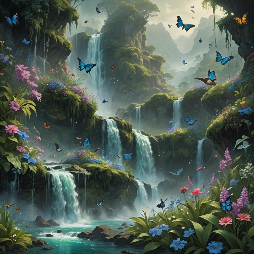 Waterfall Fantasy with Birds and Flowers