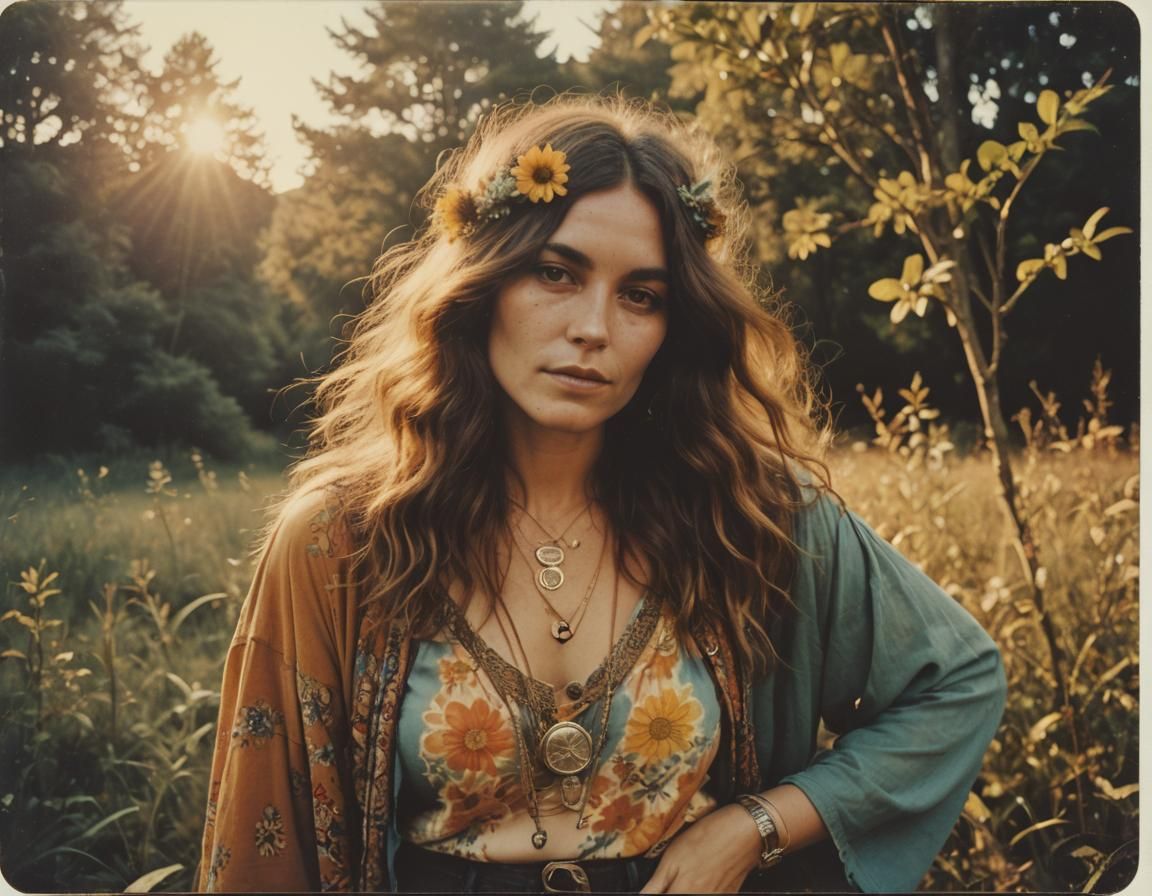 60s Hippie Woman Portrait in Polaroid Style