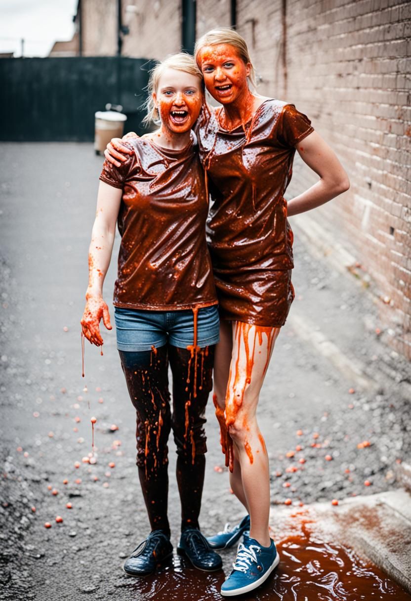 Two Girls Covered in Baked Beans and Gunge