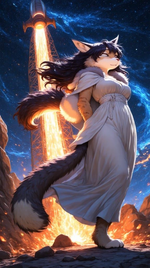 Ethereal Furry Cat Girl Launches Rockets into Cosmic Nebula