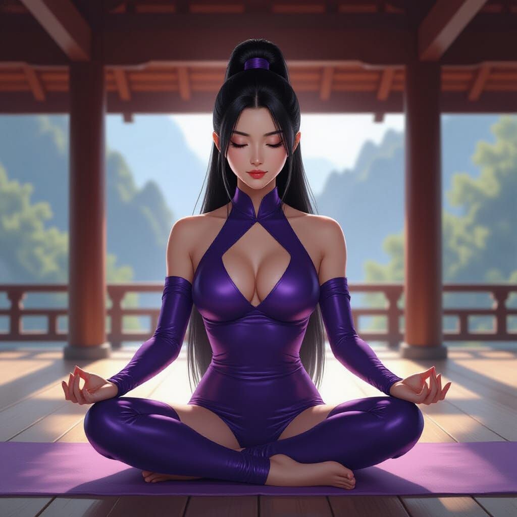 Ninja Meditating in Mountain Temple with Sunlight