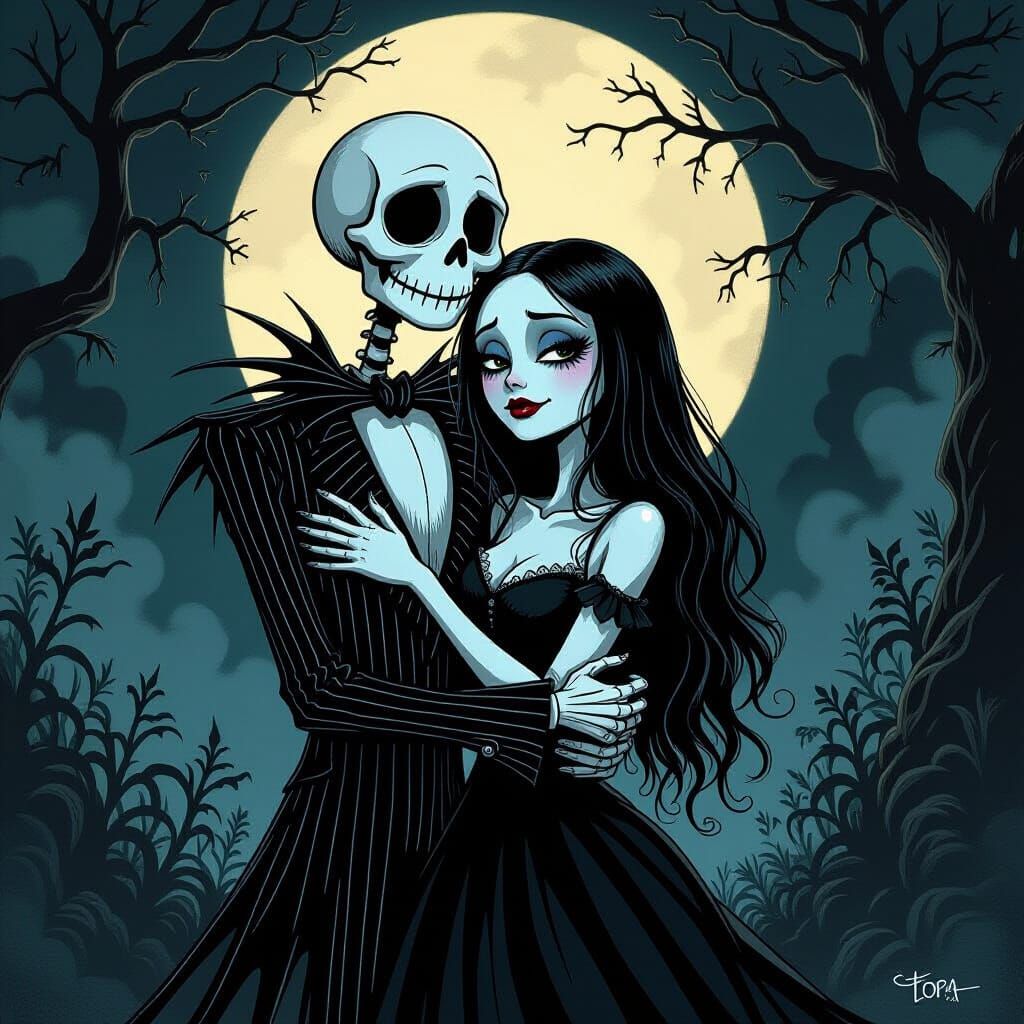 Jack and Sally Embrace in Gothic Horror Style