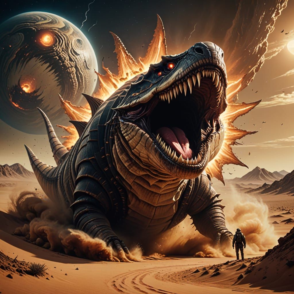 Colossal Sandworm Erupts From Desert Planet