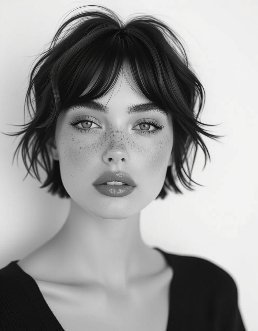 Monochrome Portrait of Girl with Short Wavy Hair