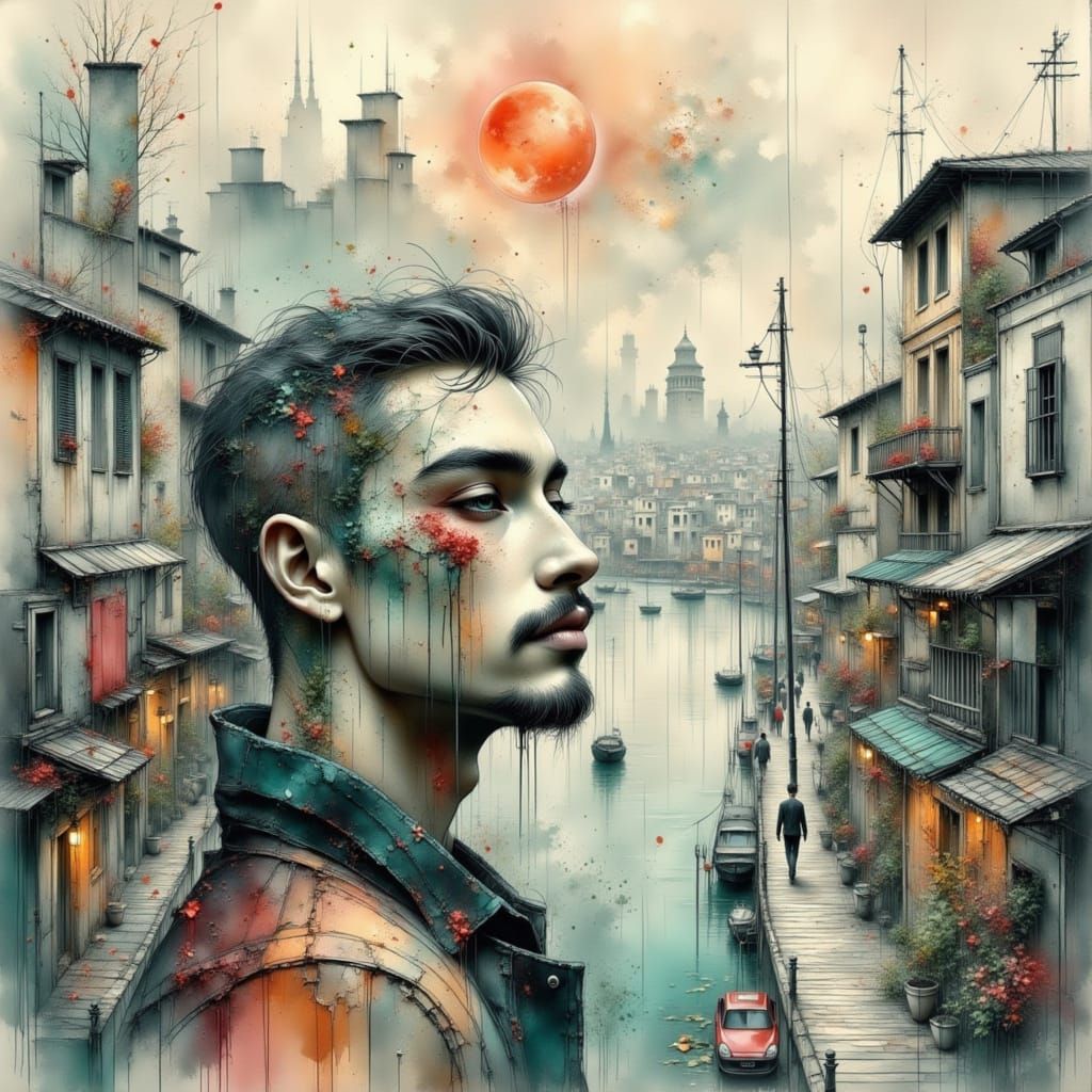 Gay Man in Muted Cityscape Oil Painting