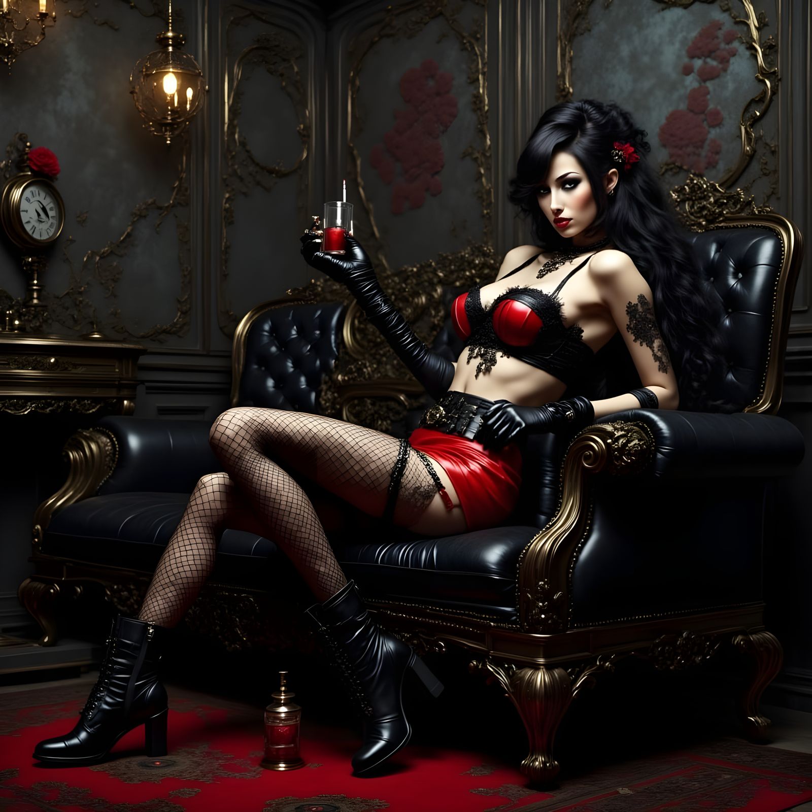 Steampunk Goth Club Siren in Red Leather