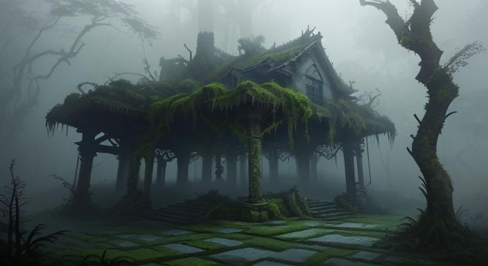 Misty Jungle Platform: Ink and Watercolor Illustration