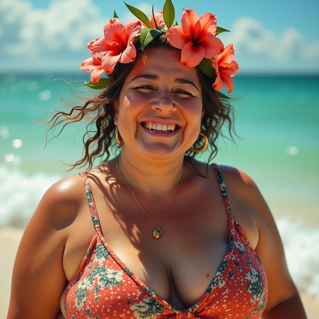 Smiling English Woman on Beach with Exotic Blooms