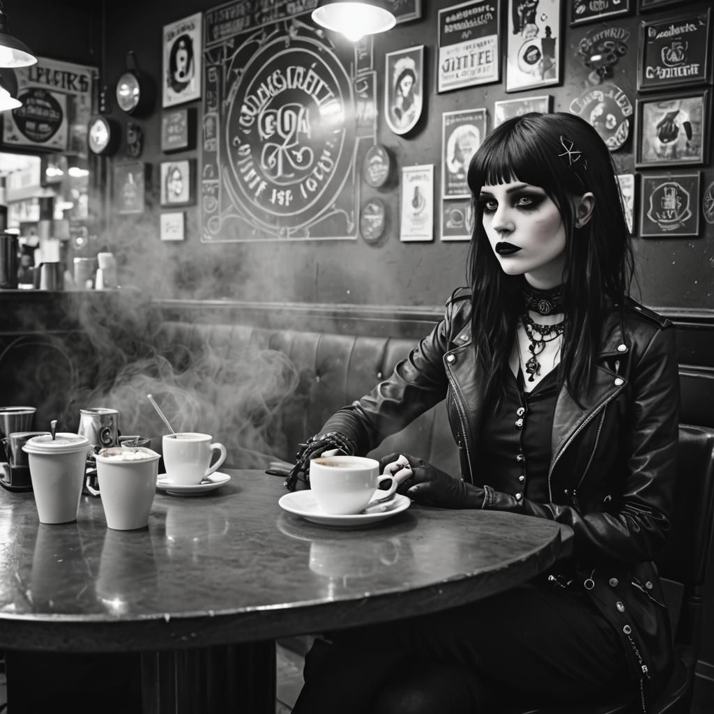 Goth Fashion Model in Coffee Shop