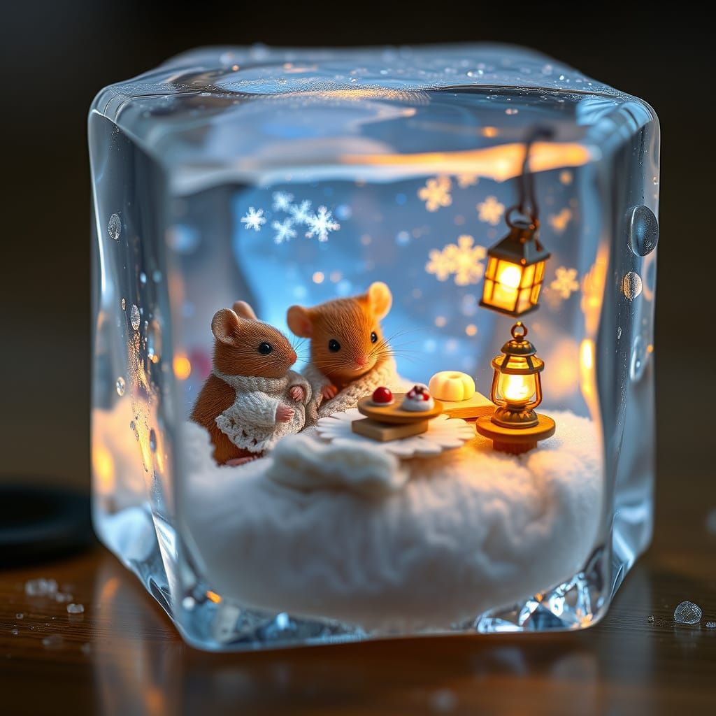 Surreal Ice Cube Captures Whimsical Mouse Scene in Warmth an...