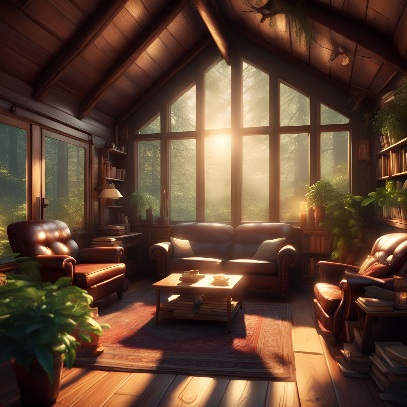 Adorable Forest Cabin Interior with Fireplace