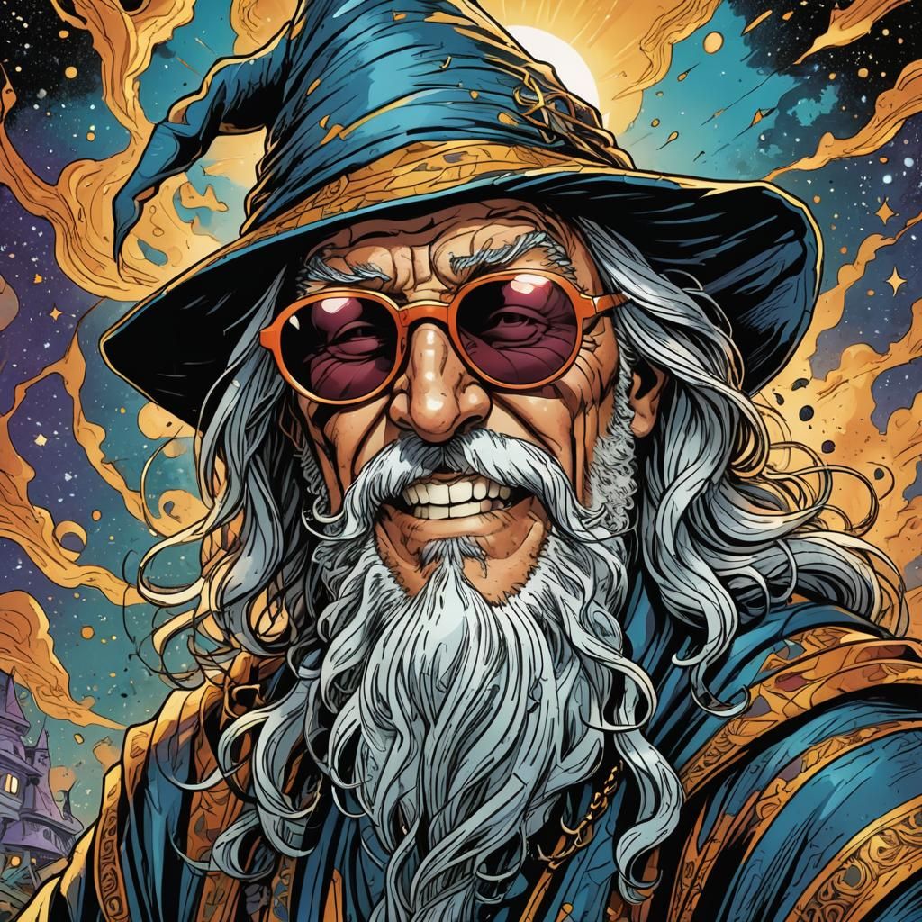 Happy Wizard with Sunglasses in Comic Book Art