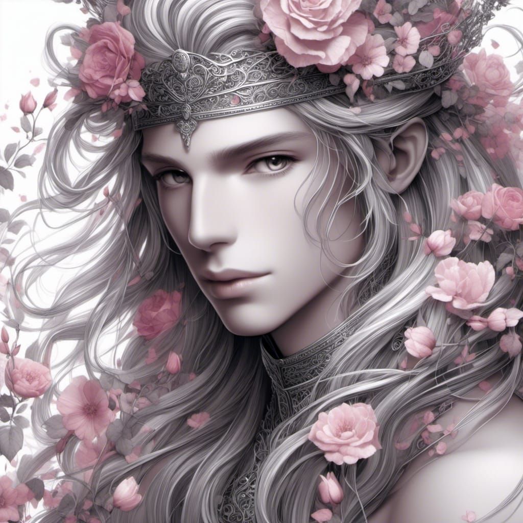 Fantasy Prince Portrait with Pink Roses in Selective Color