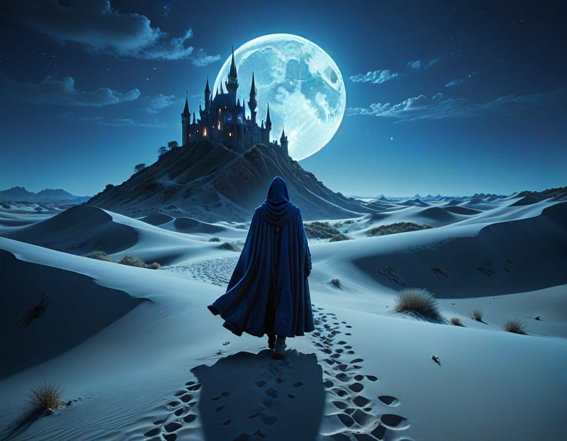 Surreal Blue Landscape with Traveler and Shimmering Castle