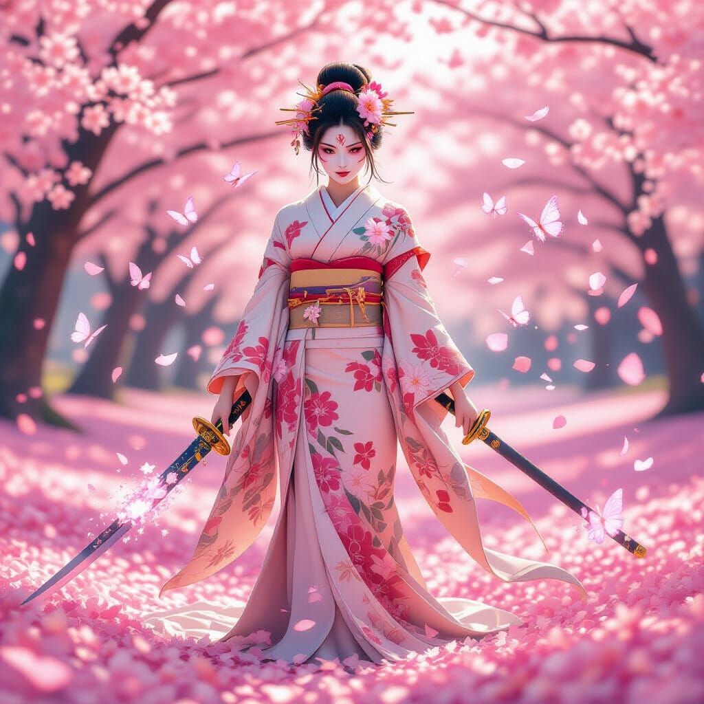 Divine Flower Warrior in Blooming Sakura Field