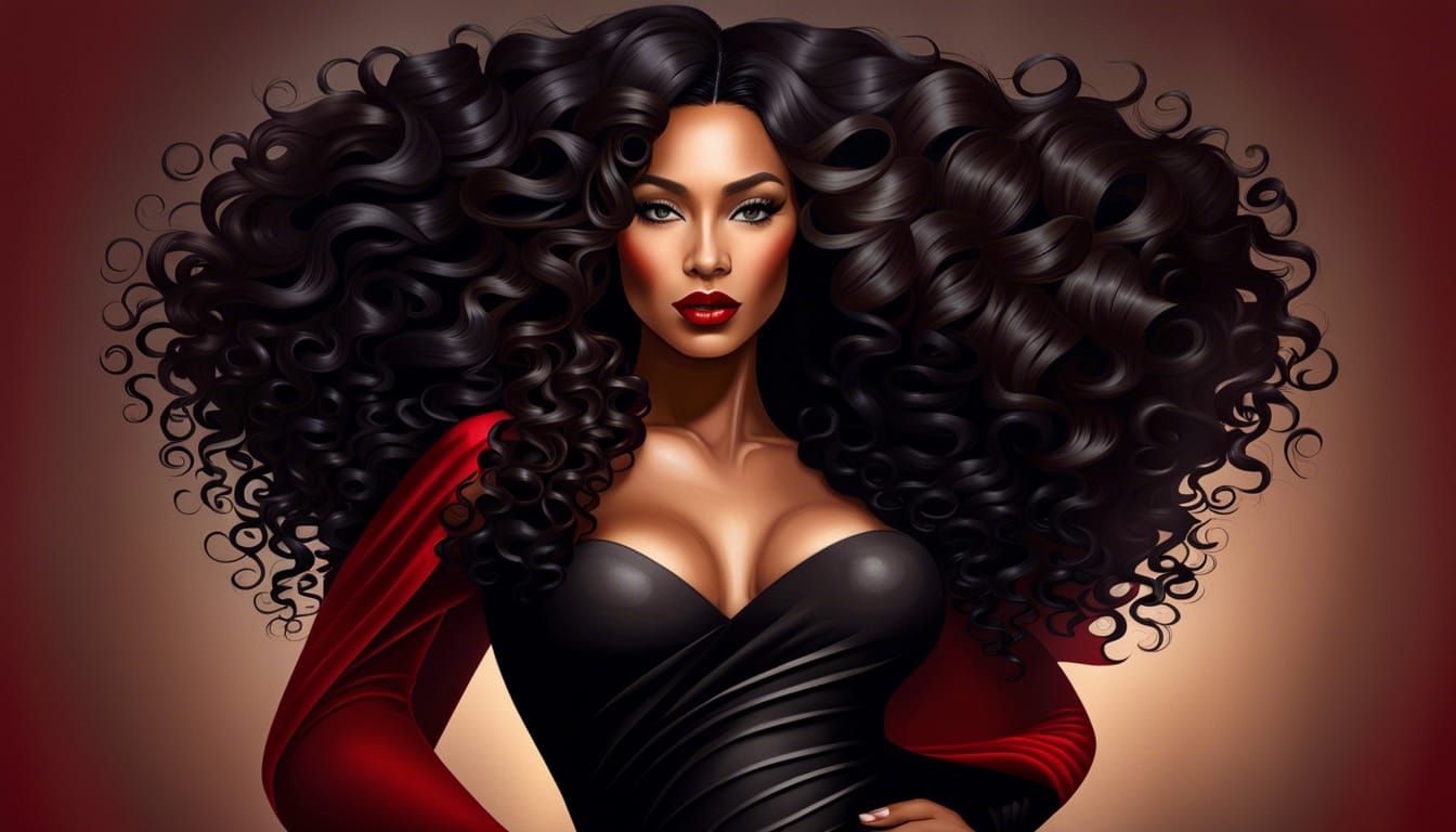 Elegant Woman with Long Black Curly Hair