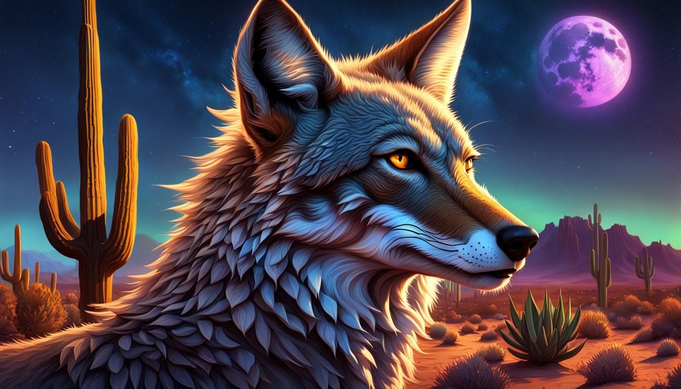 Neon Lit Coyote Portrait in Desert Night