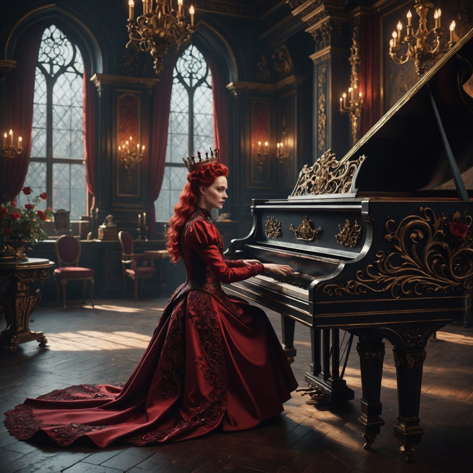 Red Queen Plays Piano in Detailed Matte Painting