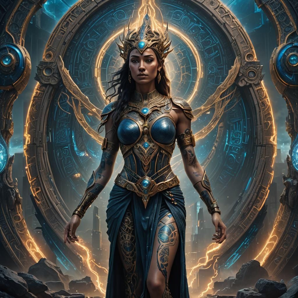 Ethereal Goddess of Time and Space in Futuristic Armor