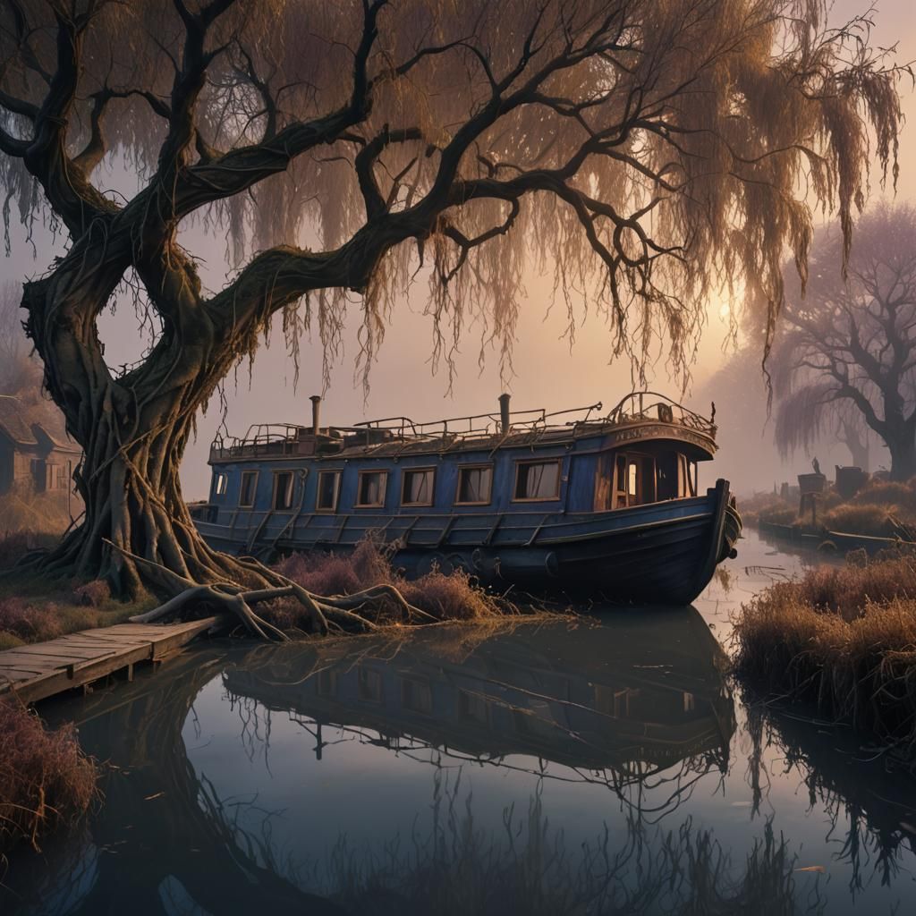 Misty Canal Boat Digital Painting