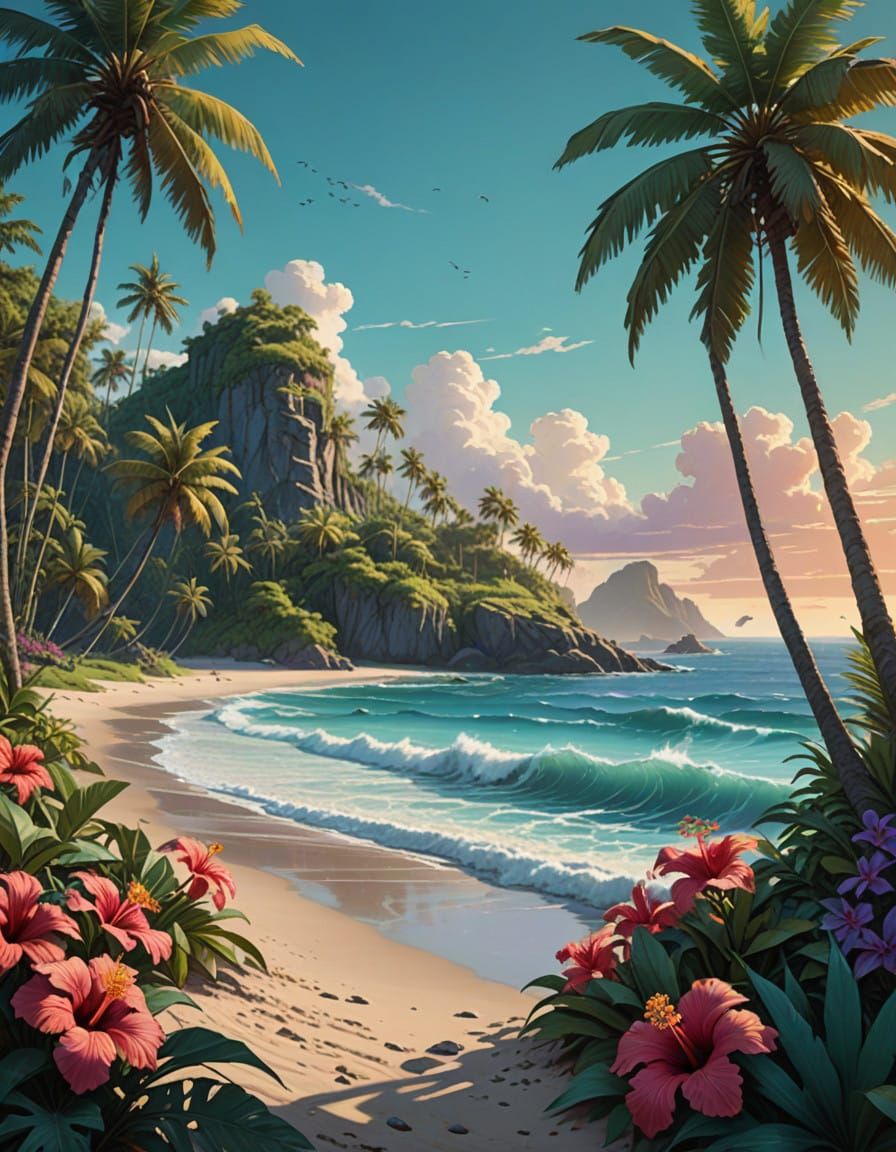 Epic Tropical Paradise in Cyberpunk Style