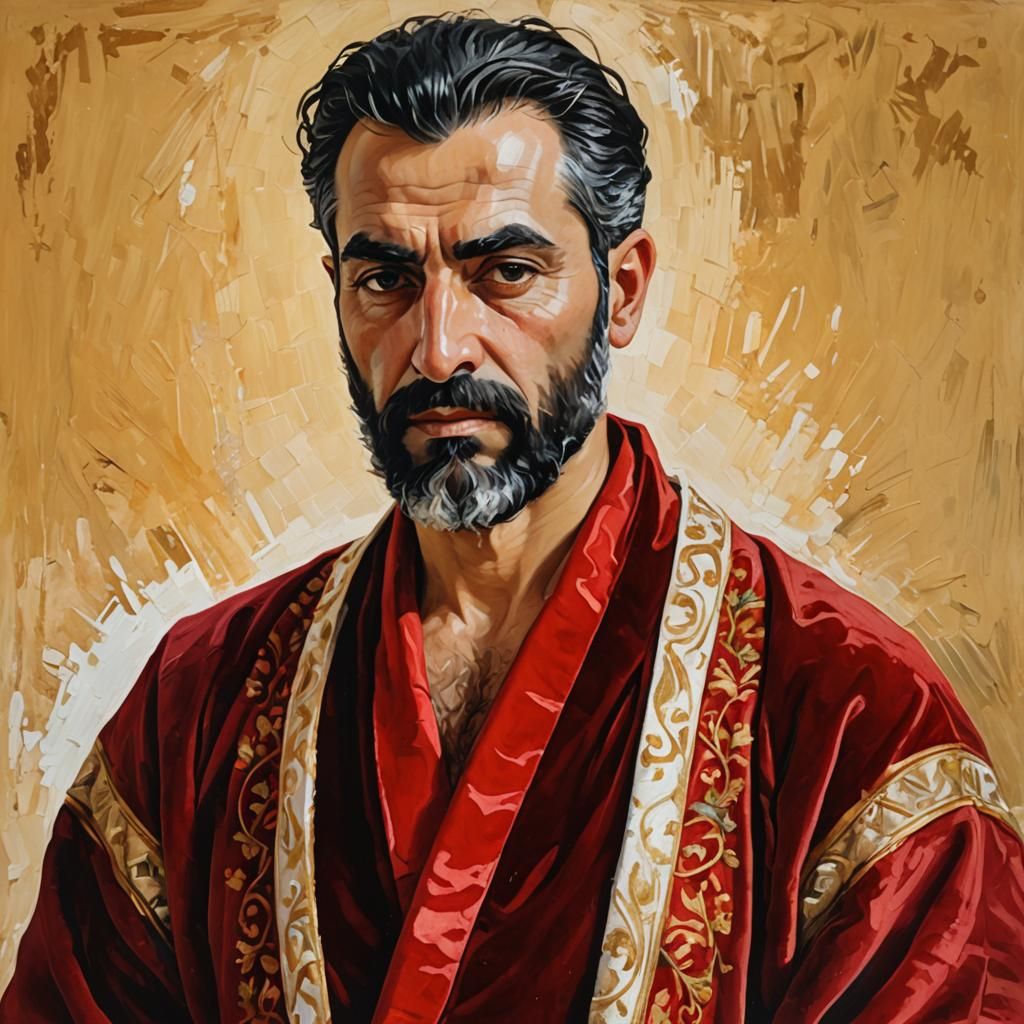Dramatic Portrait of Man in Velvet Robes as Impasto Painting
