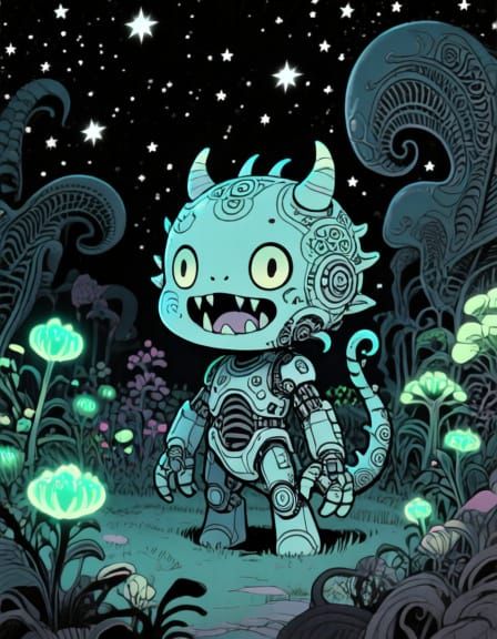 Morbidly Cute Monster in Bioluminescent Garden
