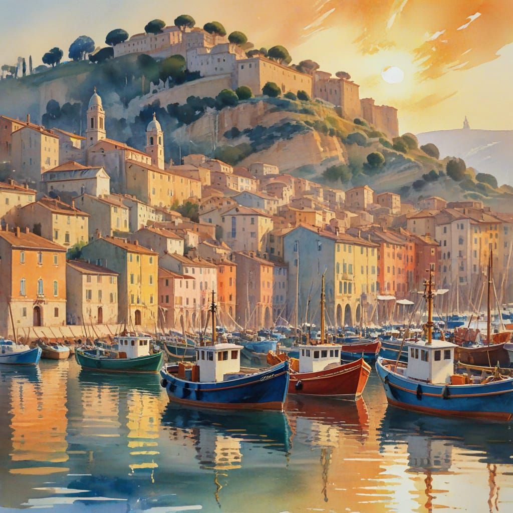 Ancona Harbor: Impressionistic Watercolor Painting at Sunset