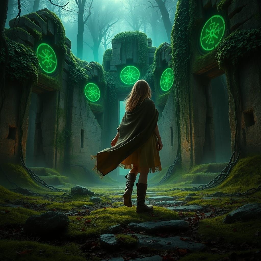 She stepped into a clearing, ancient stone ruins rising before her. Vines wrapped around the crumbling walls, and strang...