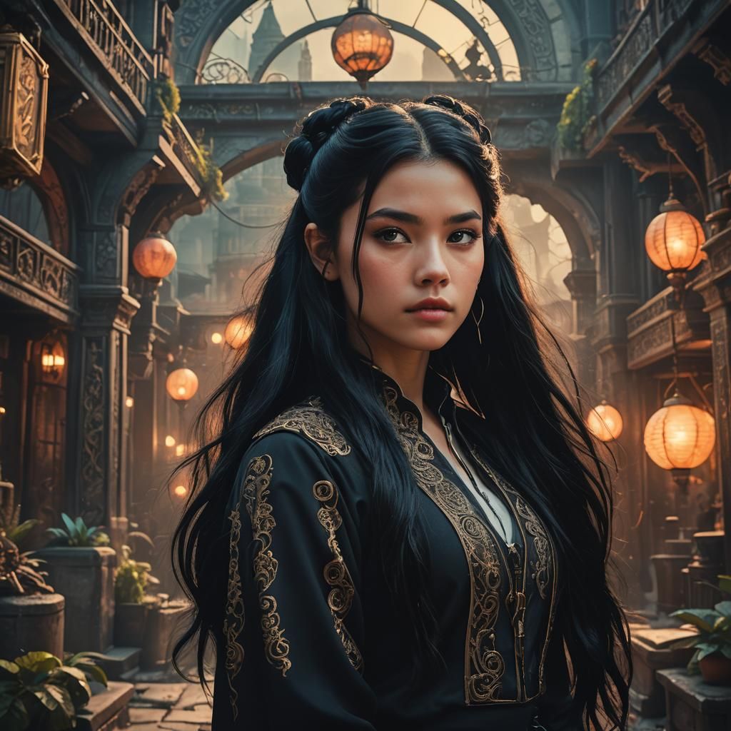 Teenage Girl with Black Hair in Retro Cinematic Style