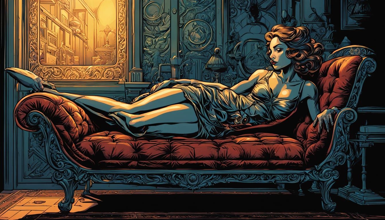 Performer on Vintage Chaise in Comic Book Style