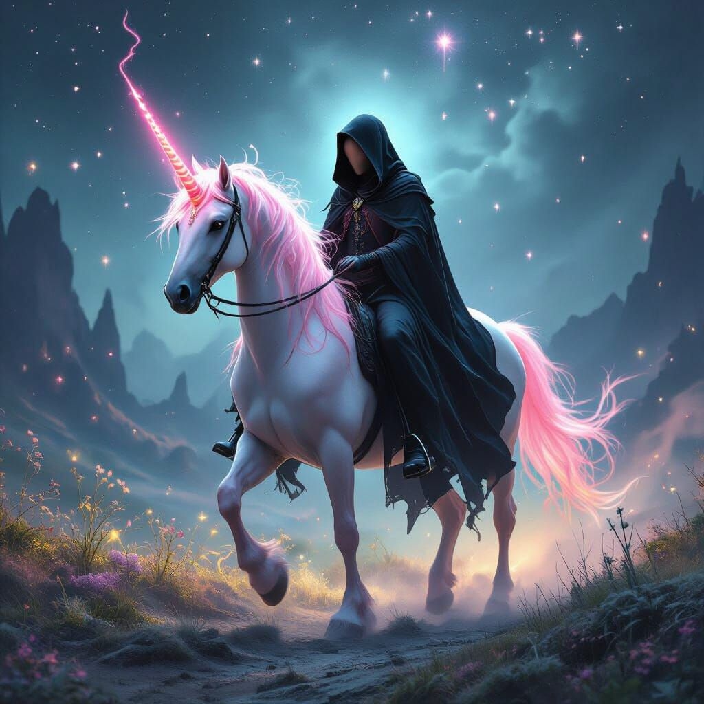 Death Rides a Pink Unicorn in Starlit Landscape