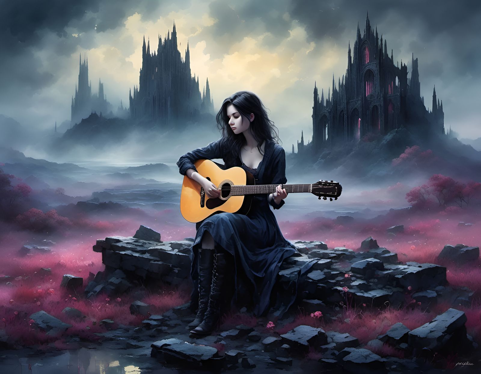 Lonely Girl's Song in Ruined World, Ink Art