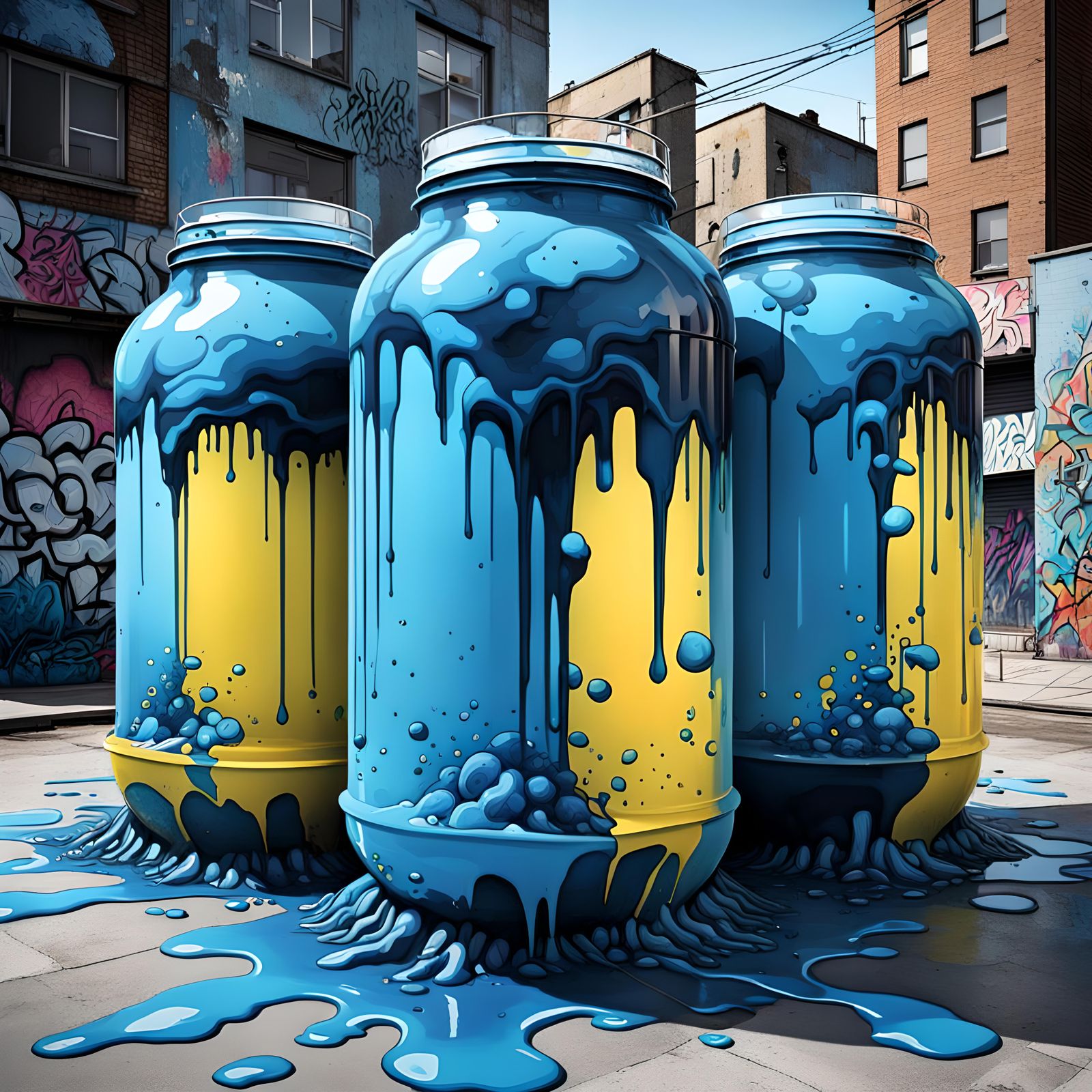 Blue Sludge Tanks with Floating Bodies: Graffiti Art