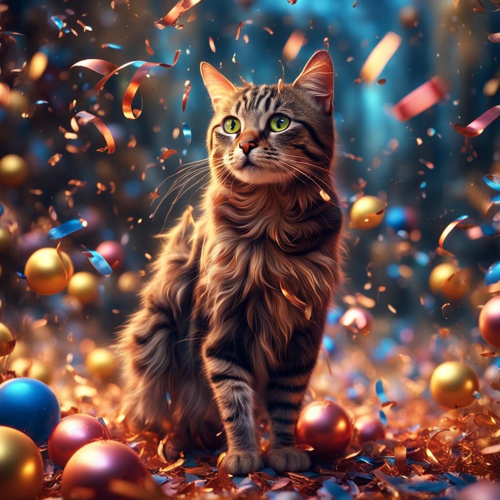Cat Celebrates New Year 2024 in Fantasy Art