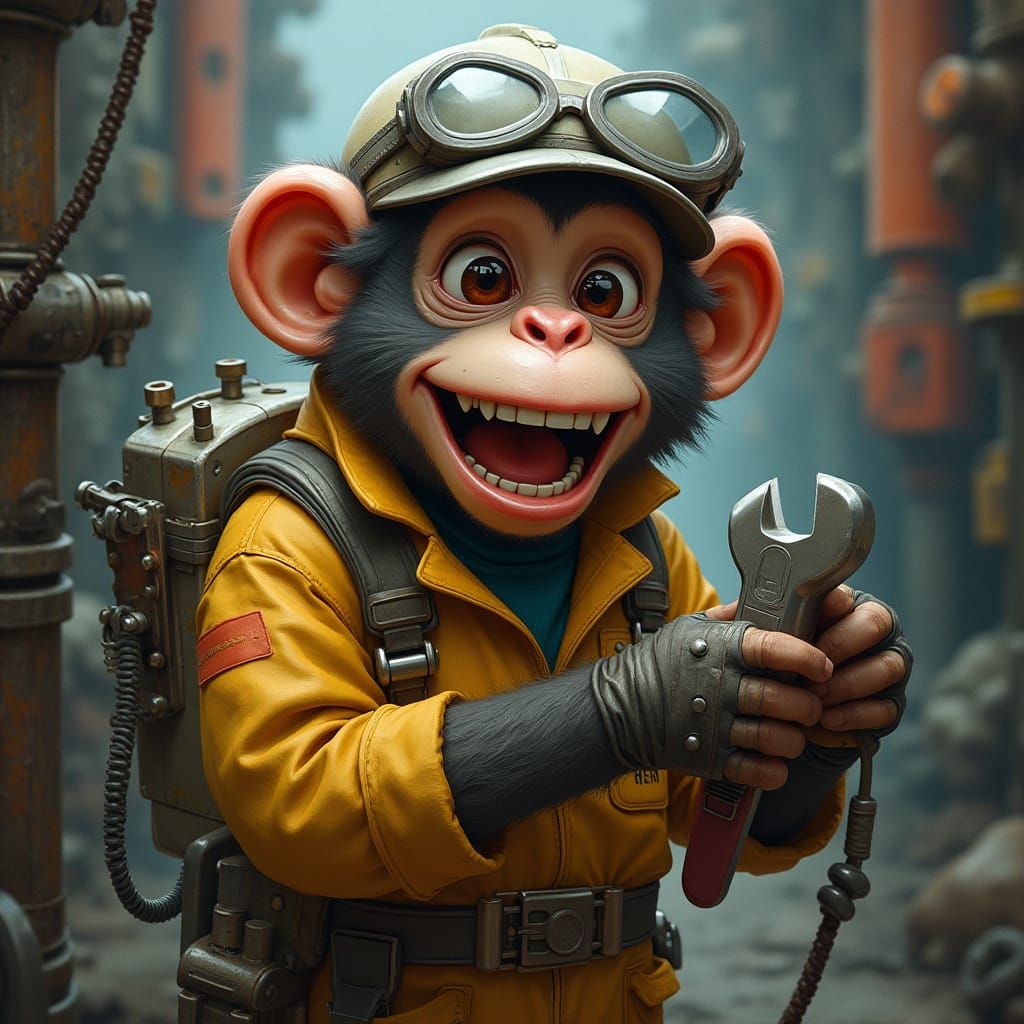Monkey Technician in Futuristic Industrial Setting