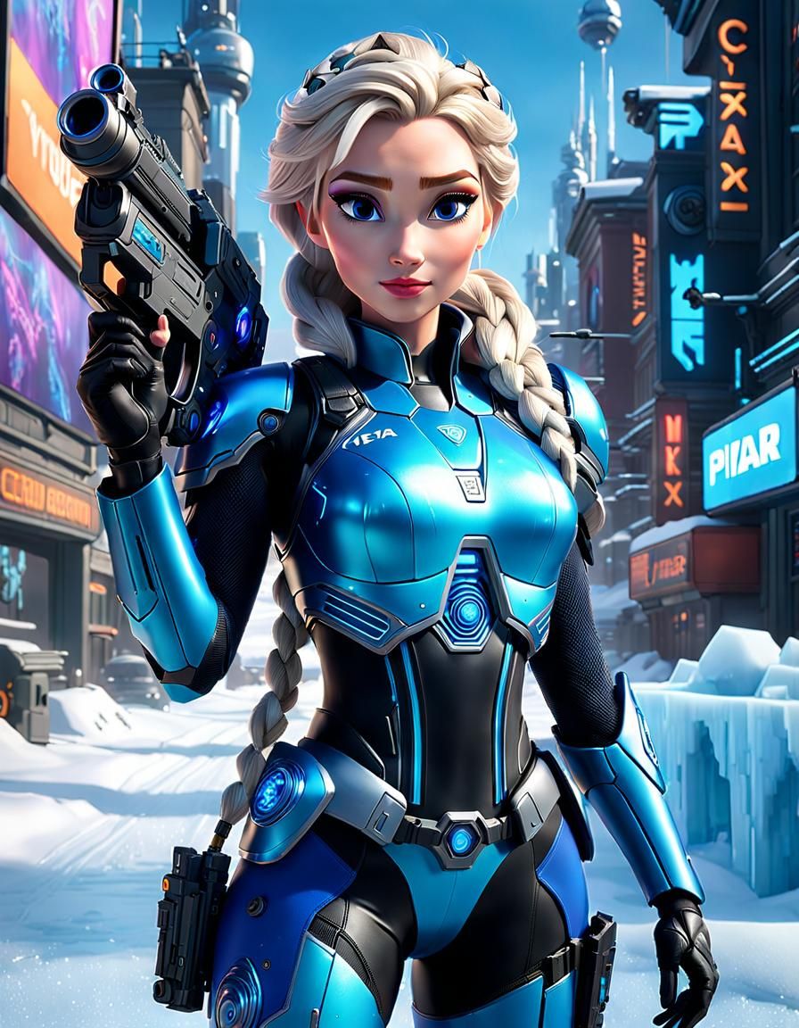 Cyberpunk Elsa with Atomic Blaster in Icy City