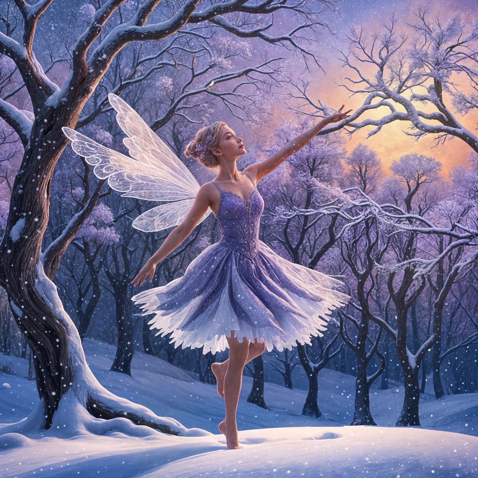 Snow Fairy Dancing Under Purple Sky: Fantasy Art