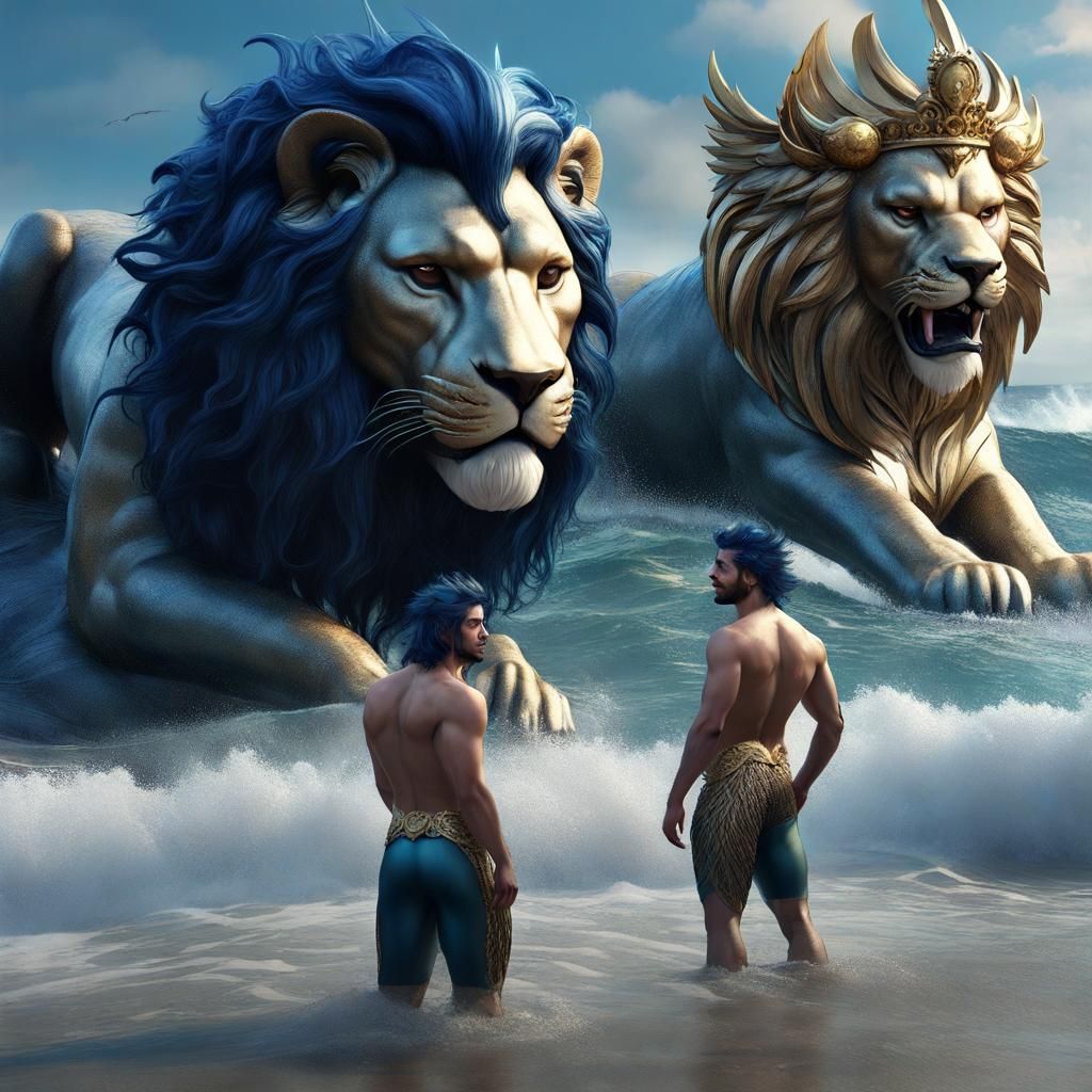 Merman Prince Socializing with Winged Lions, Digital Art