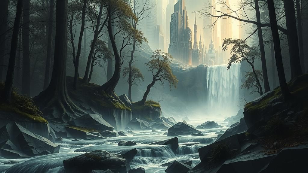 Surreal Forest Stream Meets Dystopian Cityscape