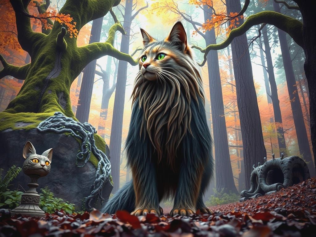Feline Guardian of the Enchanted Forest in Symbolist Style
