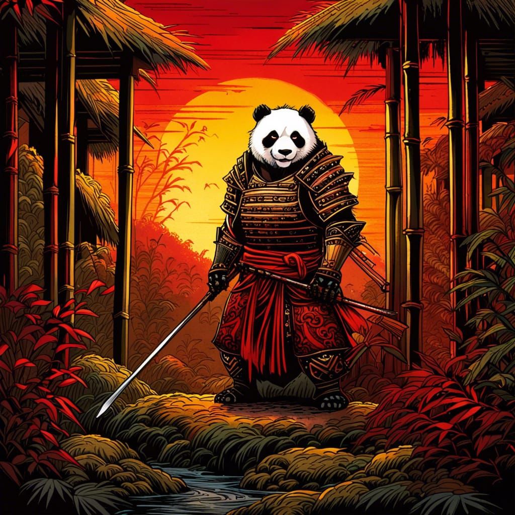 Panda Warrior in Japanese Garden at Sunset