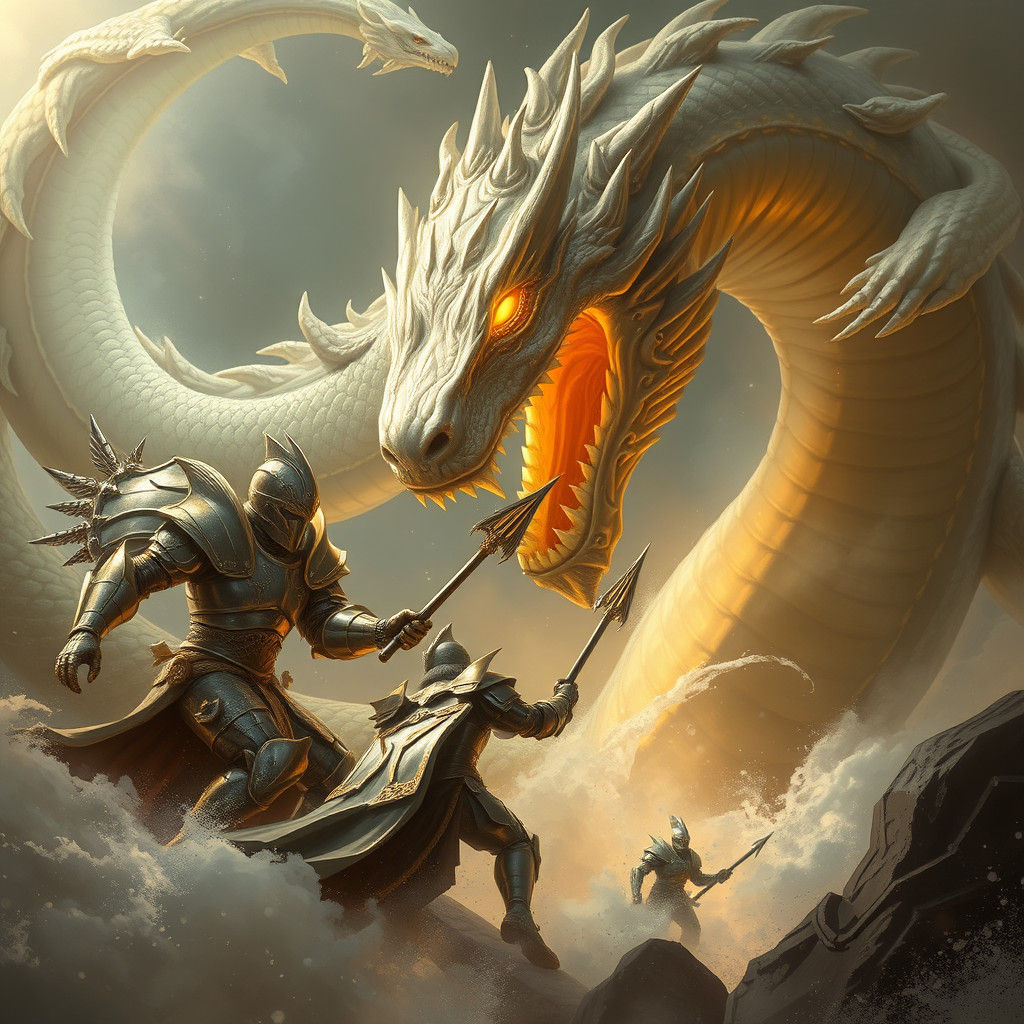 Armored Warriors Clash with Sea Serpents in Dreamlike Battle
