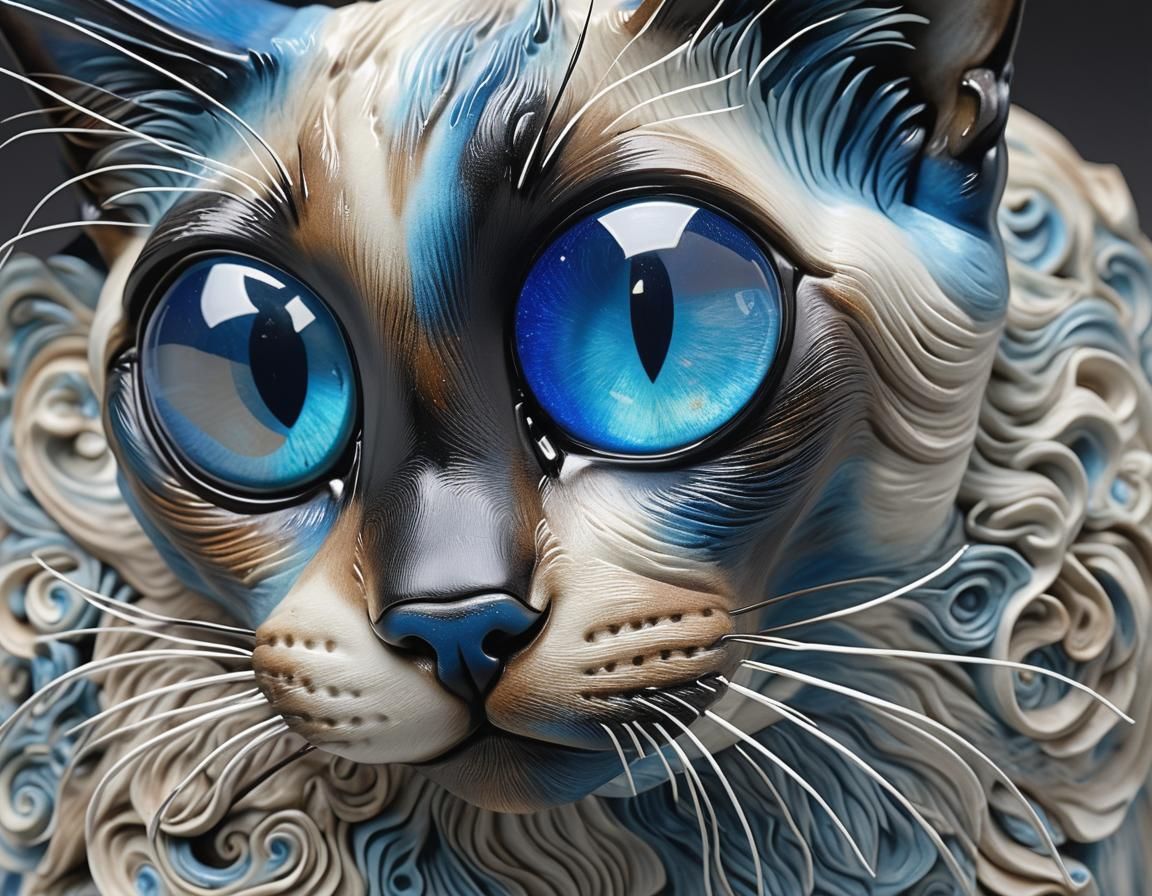 Sculpted Siamese Cat with Blue Eyes