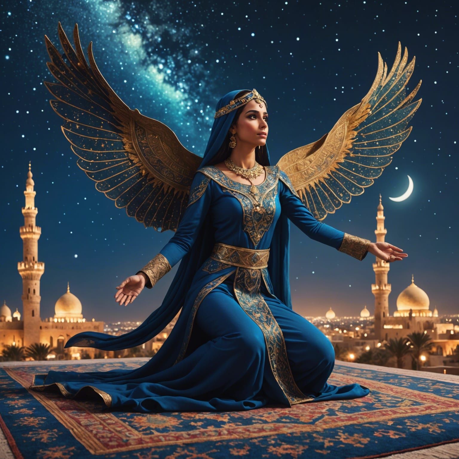 Arabian Princess on Flying Carpet at Night